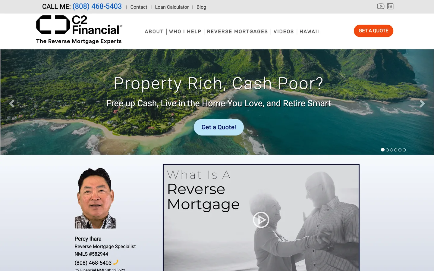 A live reverse mortgage website: a full-width island photograph behind a headline and quote button, with the loan officer's photo, name, licence number and phone number below