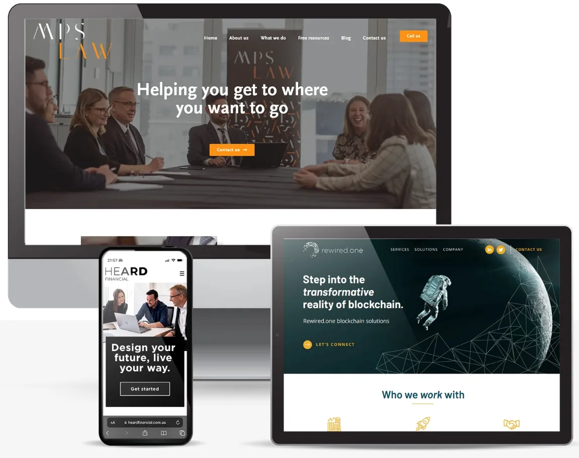 Three custom website builds shown together on a desktop monitor, a tablet and a phone