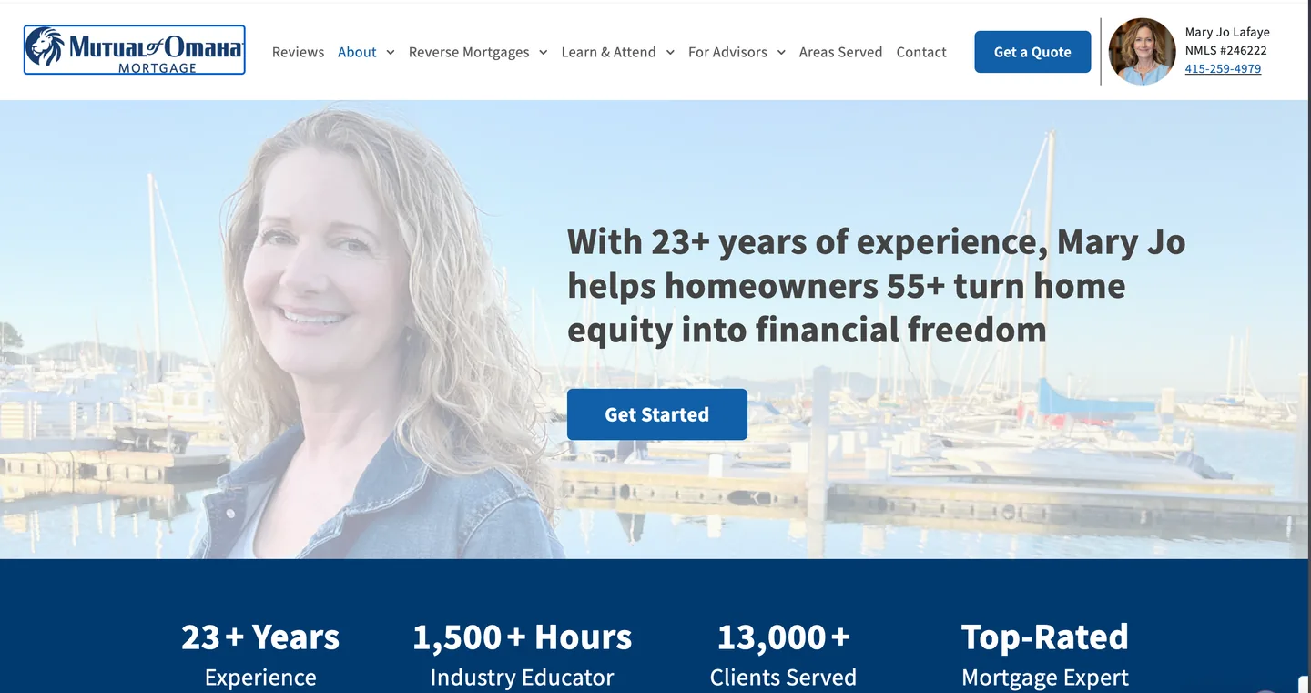 A reverse mortgage loan officer’s website: a portrait over a marina photograph, a headline about turning home equity into financial freedom, and a Get Started button